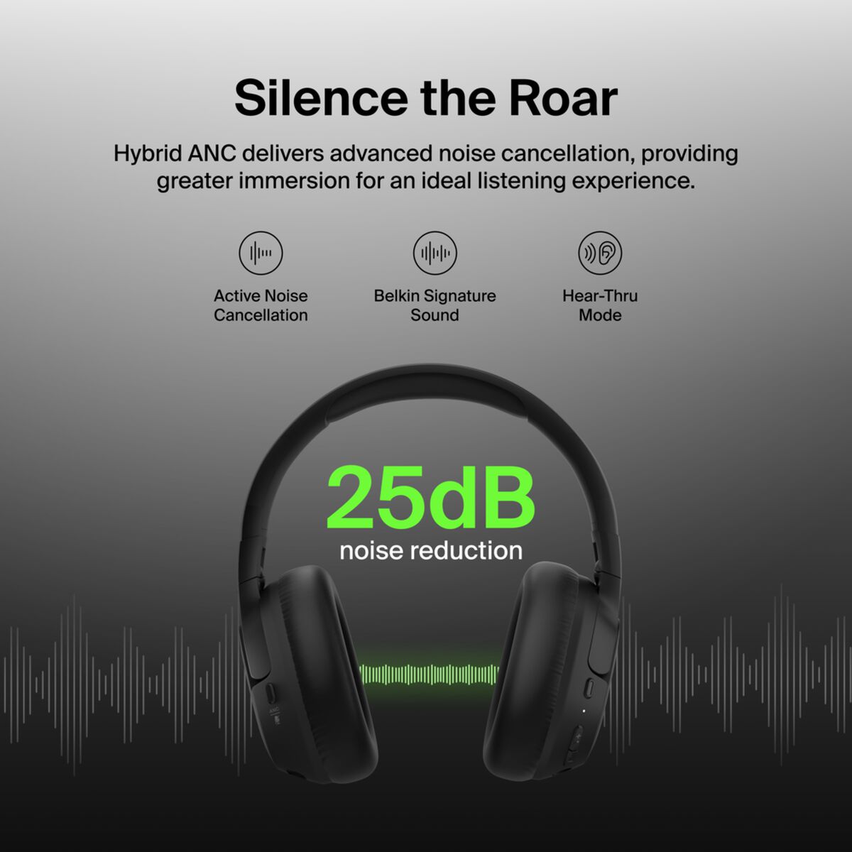 Belkin SoundForm Isolate Wireless Noise Cancelling Over-Ear Headphones, 60H Battery, Black