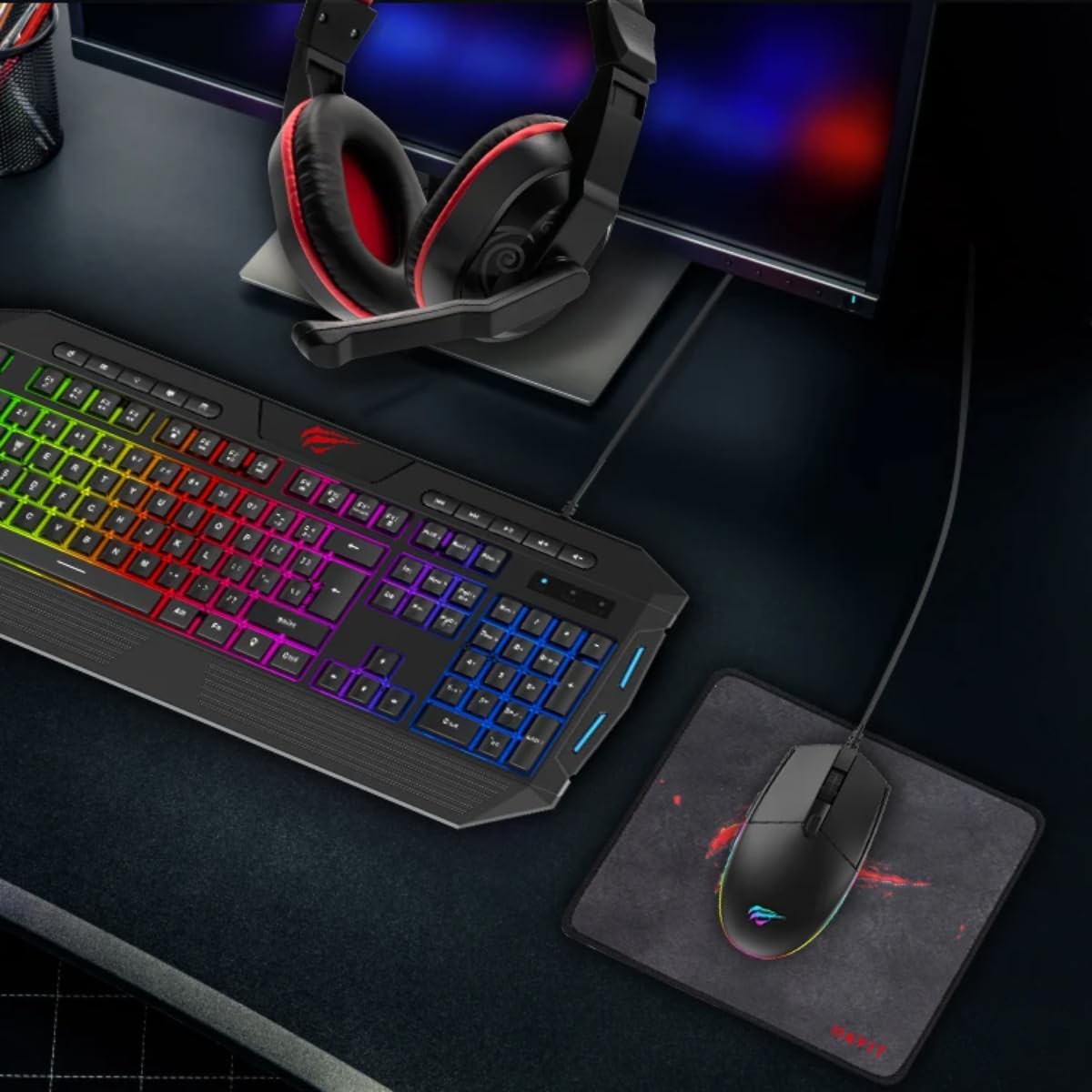 HAVIT 4-in-1 Wired Gaming Combo RGB Backlit Keyboard (114 Keys), 6-Button Mouse (800–2400 DPI), 3.5mm Headset with Mic, Fine-Mesh Mouse Pad – PC, Mac, Laptop Compatible Black - فأرة, حصيرة فأرة, سماعة, لوحة مفاتيح
