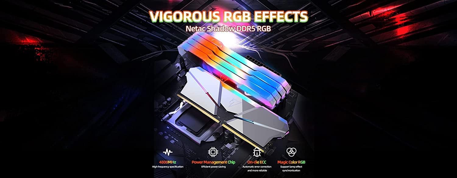 Netac Shadow Rgb 16Gb (2X8Gb) RAM DDR5 4800Mhz CL40 U-DIMM 288-Pin Silver - الذاكرة العشوائية