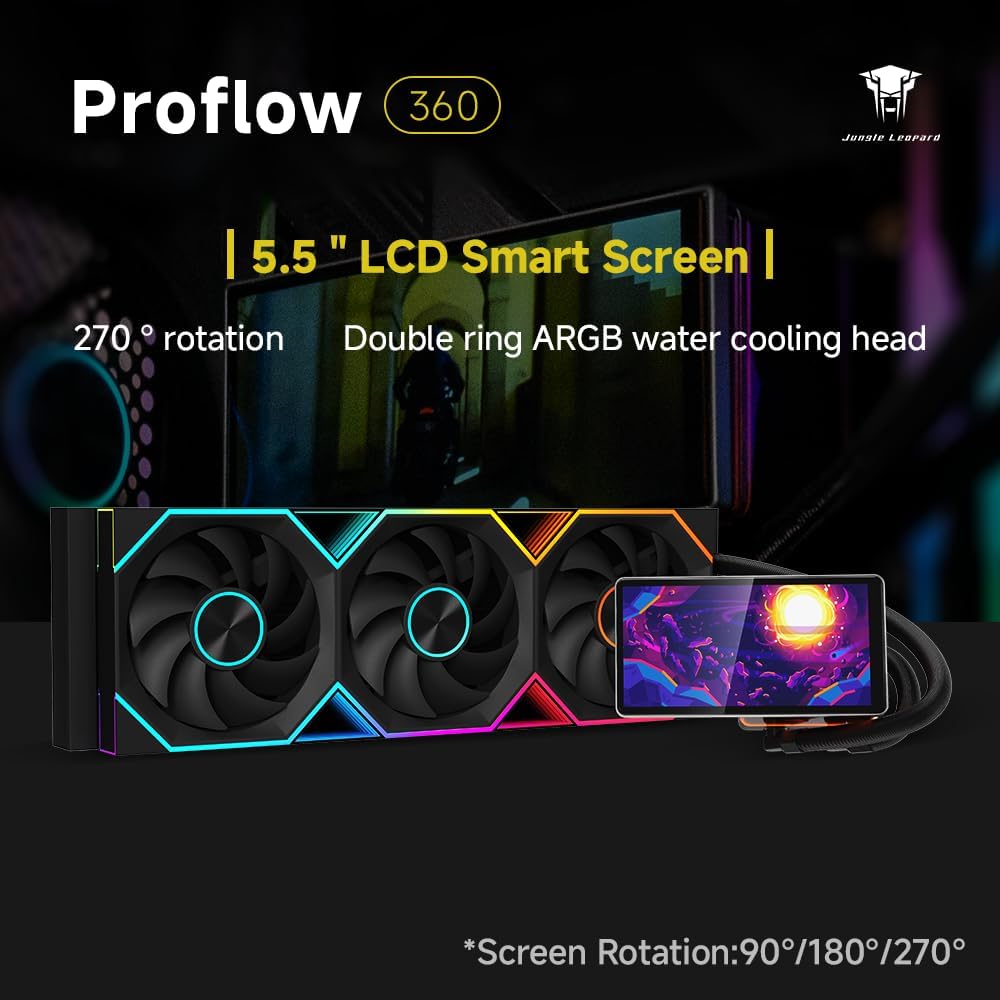 Jungle Leopard PRO FLOW 360 CPU Water AIO Cooler Liquid Cooling | 5.5-inch LCD Magnetic Screen (Black) - مبرد مائي مع شاشه