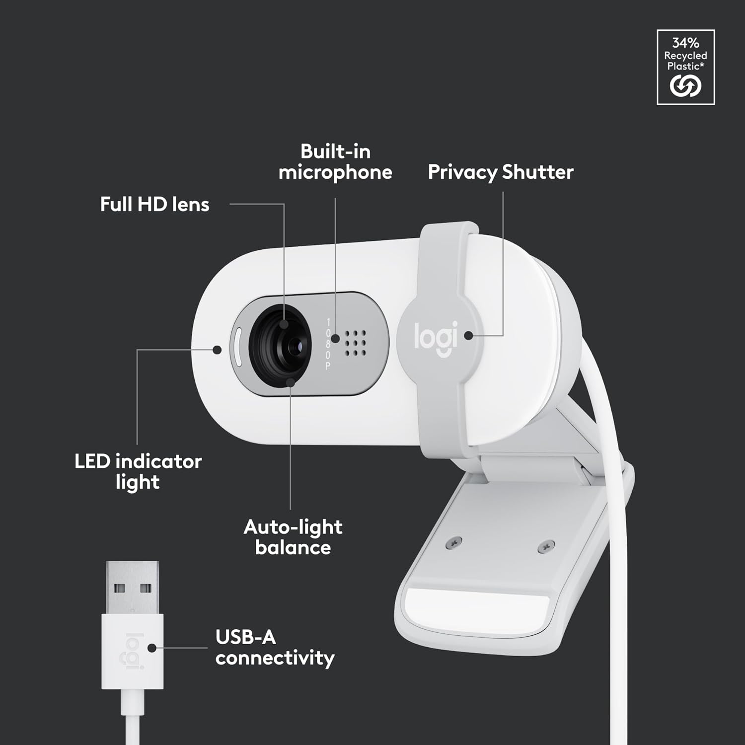 Logitech Brio 100 Full HD 1080p Webcam for Meetings, Streaming, Desktop, Laptop, PC - Built-in Mic, Shutter, Works with Zoom, Microsoft Teams, Nintendo Switch 2’s new GameChat Mode-Off -White - كام