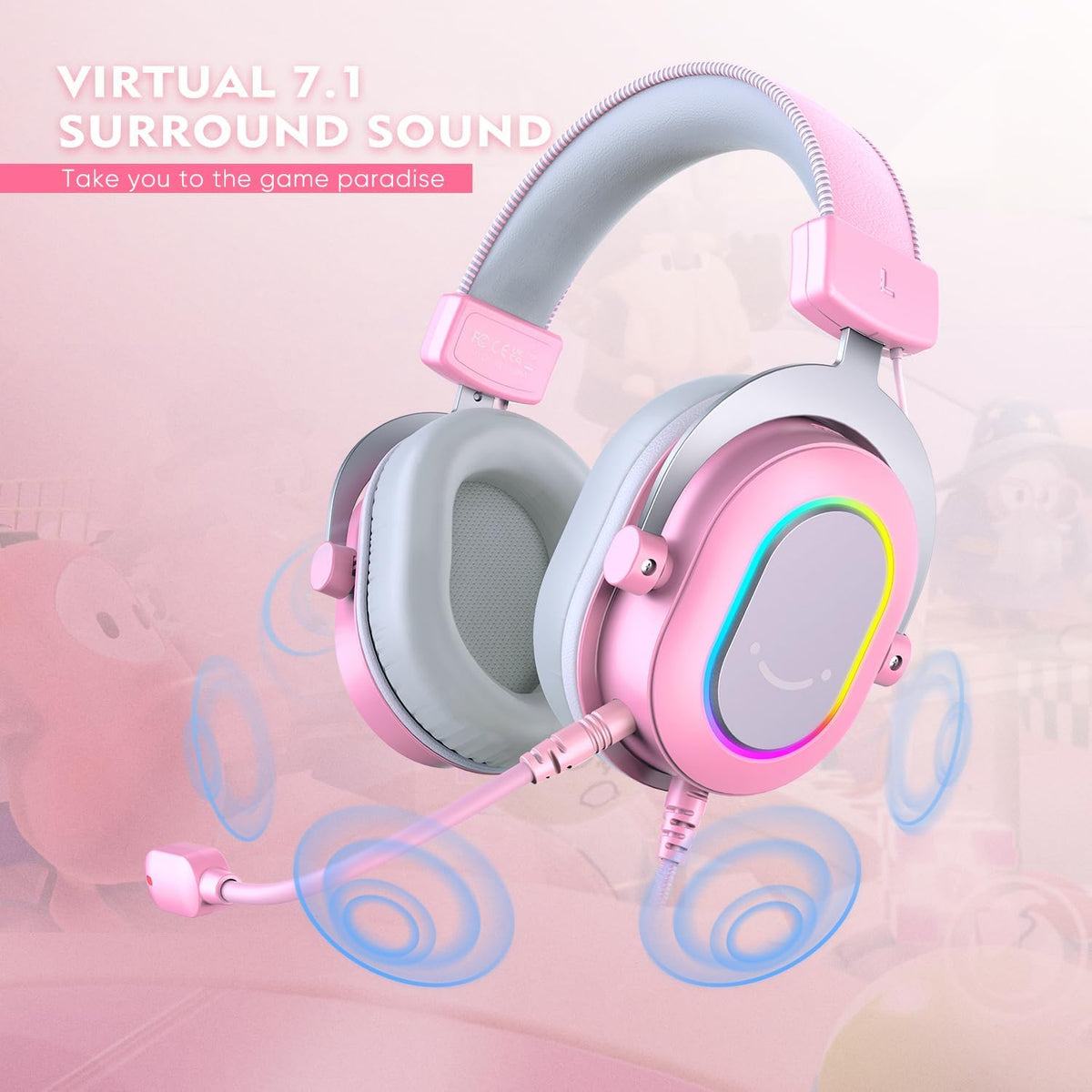 FIFINE AmpliGame H6 USB Wired RGB Gaming Headset (7.1 Virtual Surround Sound, 24-Bit Audio, 3 EQ Modes, Detachable Mic) Pink - سماعة