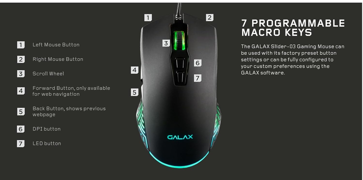Galax Slider-03 USB Wired Gaming Mouse RGB, 7 Programmable Buttons, 7200 DPI, Light Weight - Black - موس ألعاب