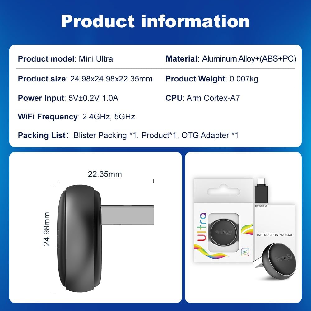 Carlinkit Mini Ultra3 Adapter – Converts Factory Wired CarPlay to Wireless CarPlay & Android Auto (USB-A / Type-C) - قطعة تحويل الكاربلاي الى لاسلكي