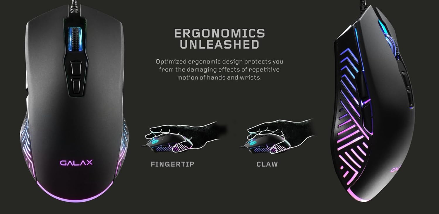 Galax Slider-03 USB Wired Gaming Mouse RGB, 7 Programmable Buttons, 7200 DPI, Light Weight - Black - موس ألعاب