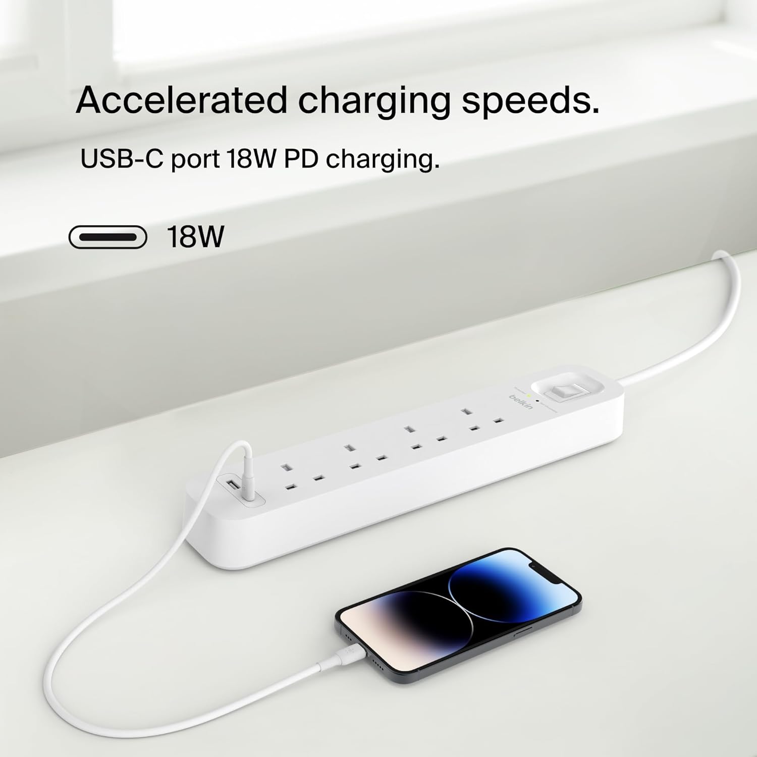 Belkin 4-Outlet Surge Protector Power Strip, Wall-Mountable with 4 AC Outlets, 2M Power Cord, & Green Indicator Light - USB-C Port & USB-A Port w/USB-C PD Fast Charging - 525 Joules of Protection