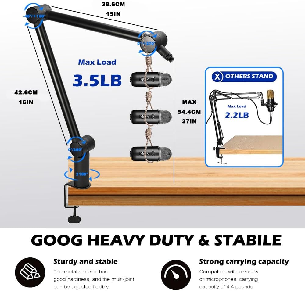 BOMGE Boom Arm Mic Stand - Adjustable Heavy Duty Suspension Boom Scissor Arm Stand with Cable Management Channels, Desk Clamp for Podcasts, Streaming, Gaming, Home Office, Recording -  Bomge-808-B-us black  -ستاند للمايك