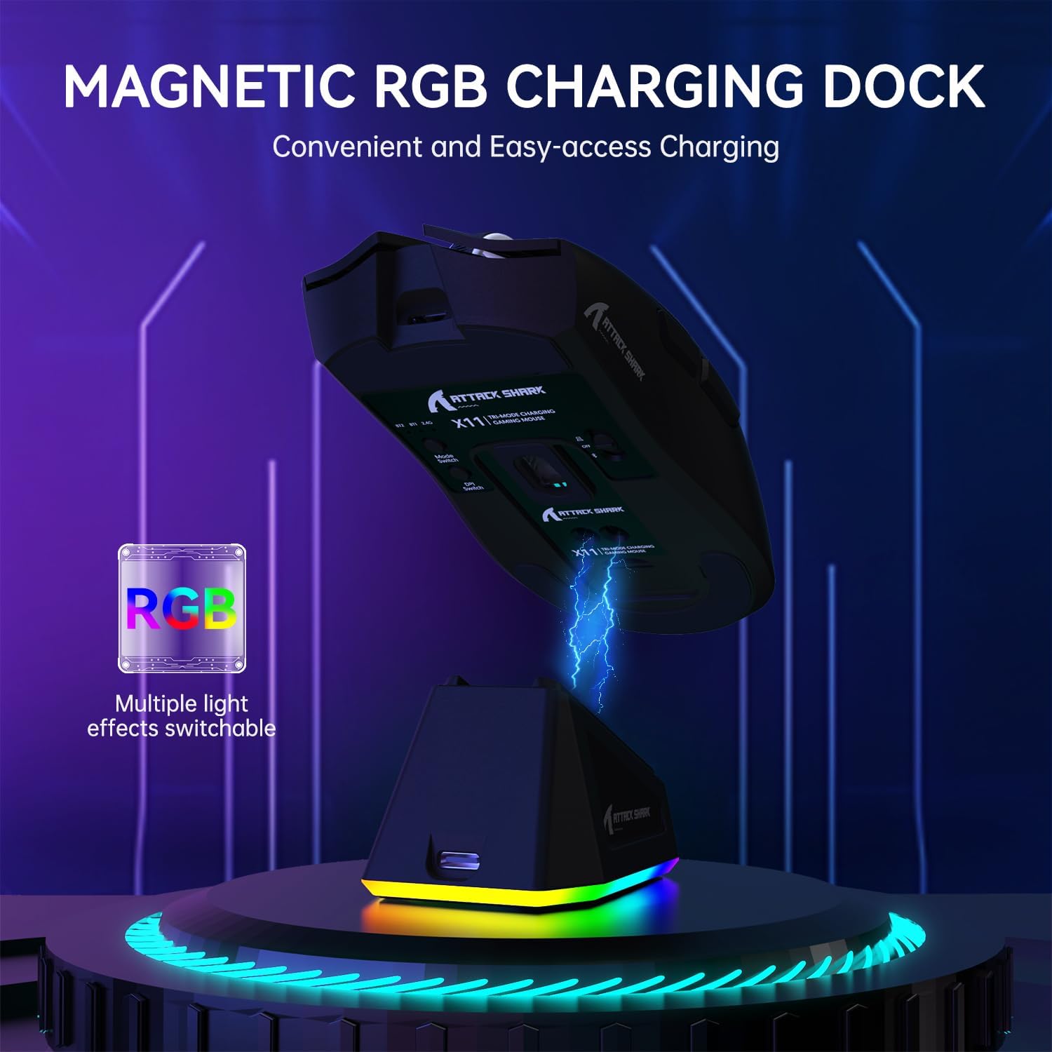 ATTACK SHARK X11 Lightweight Wireless Gaming Mouse with RGB Charging Dock,Tri-Mode-2.4G/USB-C Wired/BT,22K DPI,PAW3311 Optical Sensor,HUYU Switch, 5 programmable Buttons for PC/Mac(Black)  - ماوس قيمنق لاسلكي