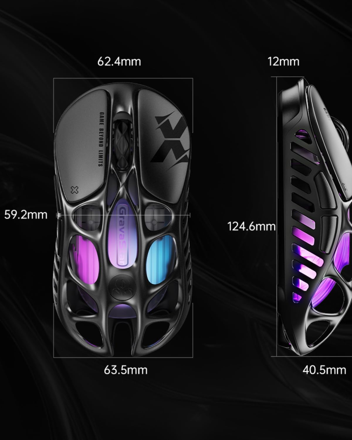 GravaStar Mercury X Wireless Gaming Mouse – 32,000 DPI PAW 3950 Sensor, 1000Hz Polling Rate, Only 49g, Magnesium Alloy Hollow Frame, RGB Lighting, 5 Programmable Buttons - ماوس أسود