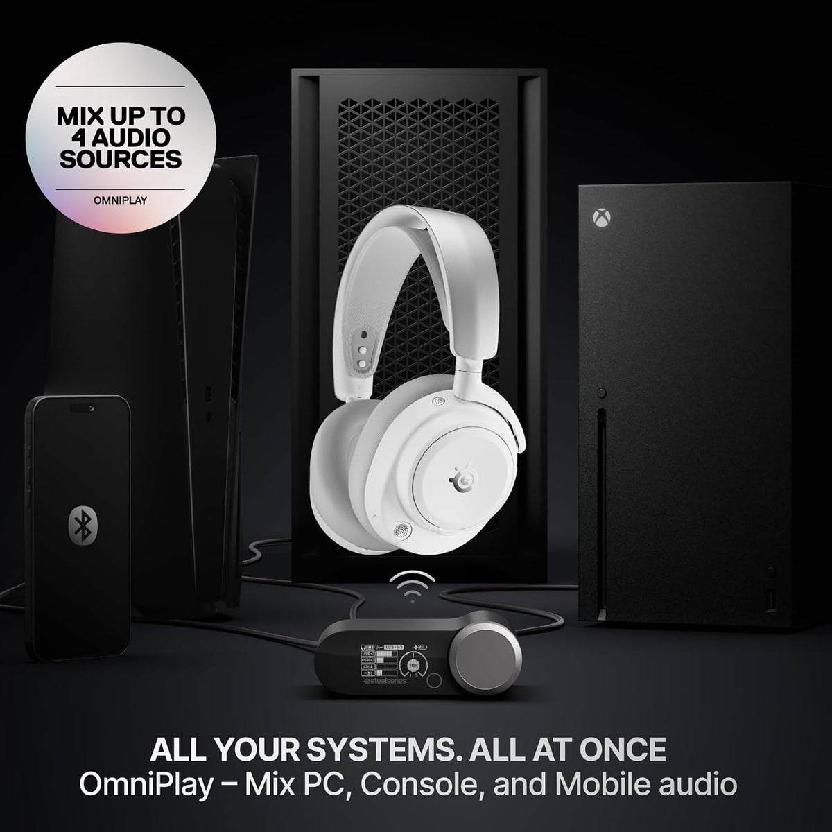 SteelSeries Arctis Nova Pro Omni White Multi-System Wireless Gaming Headset – Active Noise Cancellation, Hi-Res Audio, Hot-Swappable Batteries & GameHub OLED - سماعة لا سلكية احترافية
