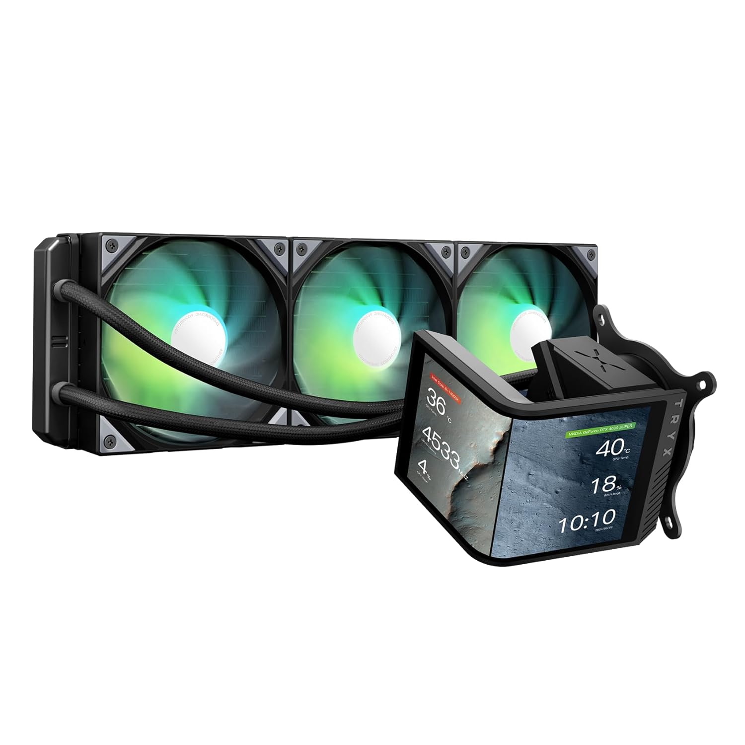 TRYX Panorama SE 360 ARGB 360mm AIO Rotatable 6.67'' AMOLED Curved Screen 3D Anamorphic Effect Customizable AIO Cooler 360mm Asetek Adela Pump 280w TDP ARGB Fan Intel LGA 1851/1700 AMD AM5/AM4 - مبرد مائي مع شاشه
