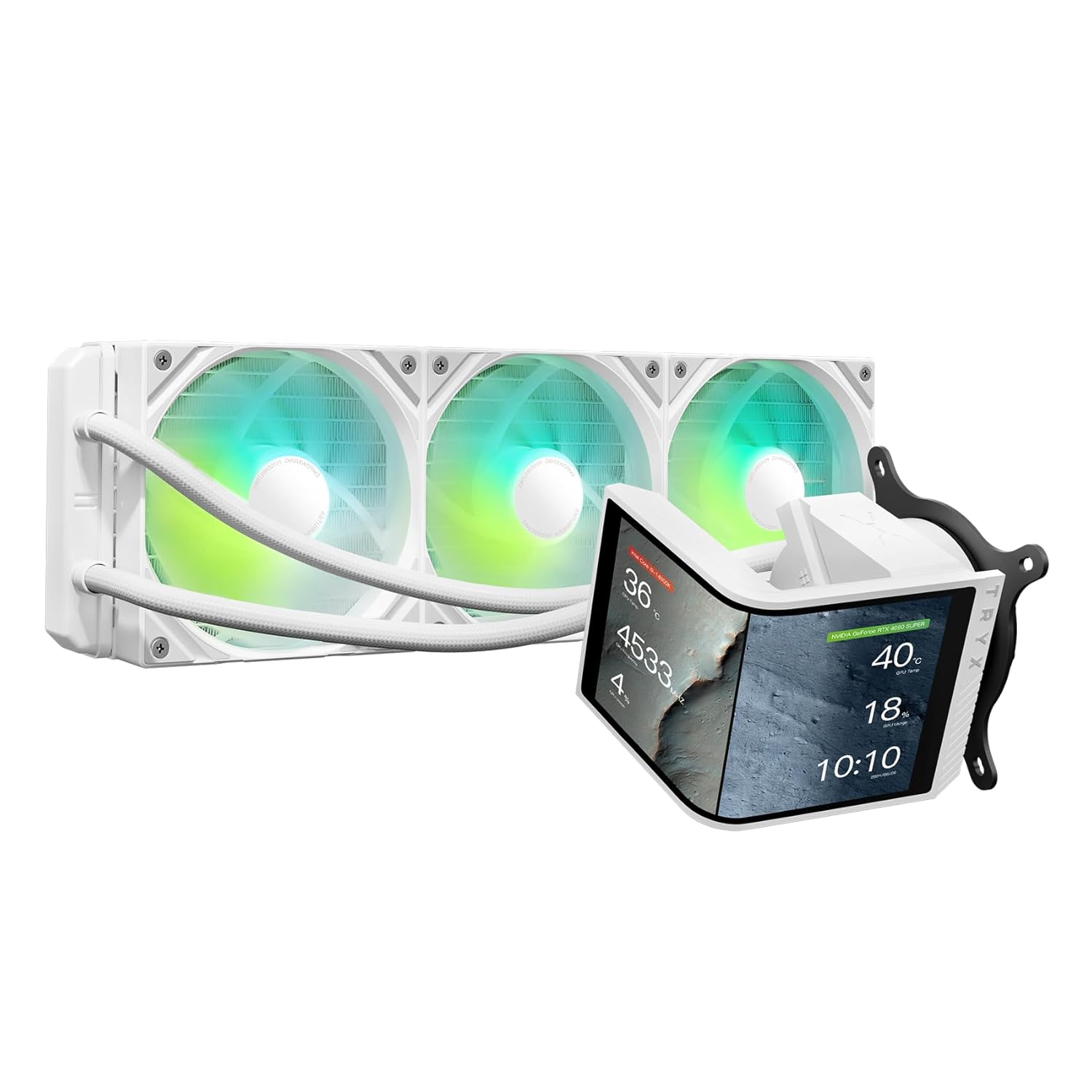 TRYX Panorama SE 360 ARGB 360mm AIO Rotatable 6.67'' AMOLED Curved Screen 3D Anamorphic Effect Customizable AIO Cooler 360mm Asetek Adela Pump 280w TDP ARGB Fan Intel LGA 1851/1700 AMD AM5/AM4 -WHITE - - مبرد مائي مع شاشه أبيض