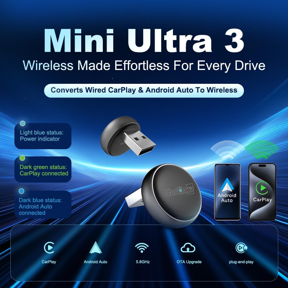 Carlinkit Mini Ultra3 Adapter – Converts Factory Wired CarPlay to Wireless CarPlay & Android Auto (USB-A / Type-C) - قطعة تحويل الكاربلاي الى لاسلكي