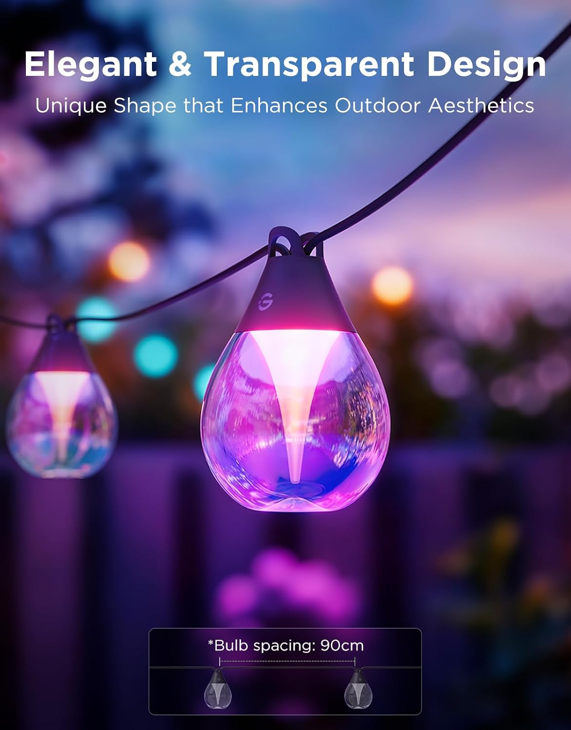 Govee Clear Bulb Outdoor Smart String Lights 48ft – RGBWIC Teardrop Patio Lights (IP67 Waterproof, 1200 Lumens, Matter Compatible) - مصباح أر جي بي