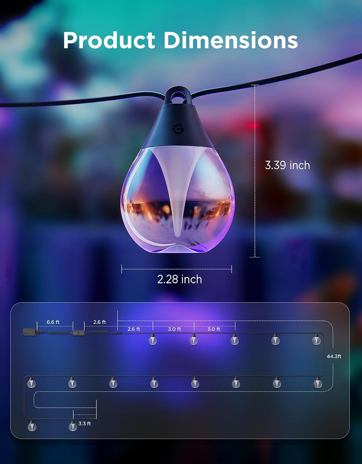 Govee Clear Bulb Outdoor Smart String Lights 48ft – RGBWIC Teardrop Patio Lights (IP67 Waterproof, 1200 Lumens, Matter Compatible) - مصباح أر جي بي
