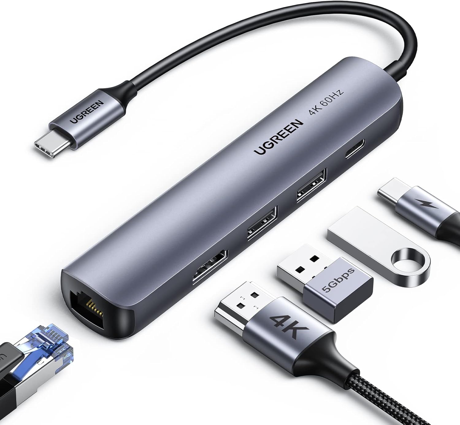 UGREEN USB-C to 2*USB 3.0 +HDMI+RJ45 Ethernet Adapter+PD-مزوع منافذ UGREEN USB-C to 2*USB 3.0 +HDMI+RJ45 Ethernet Adapter+PD-مزوع منافذ