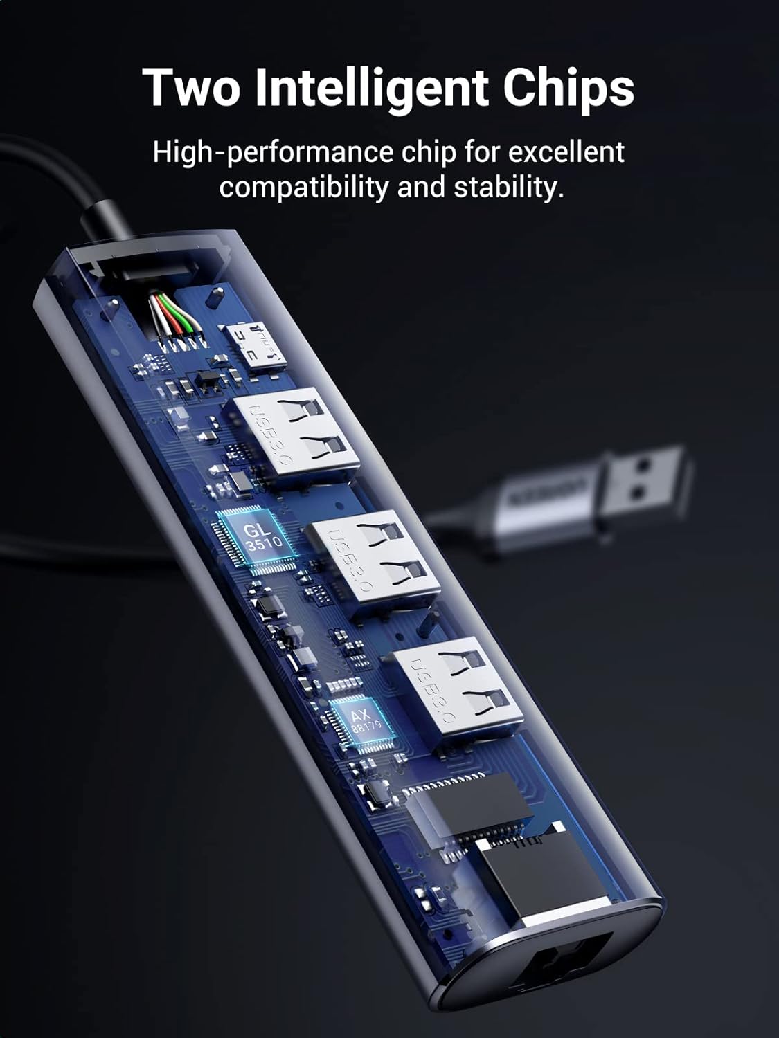 Ugreen 60812 5-in-1 USB 3.0 1000 Mbps Gigabit Multifunction Adapter, 20 cm Size, Gray-محول يوغرين متعدد الوظائف