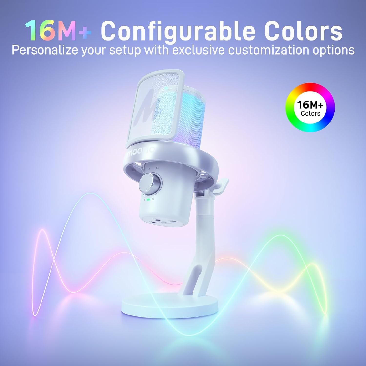 MAONO DM40 Pro wireless RGB Microphone With AI, Noise Cancellation, for Sony, Twitch, YouTube - White - مايكروفون لاسلكي أبيض