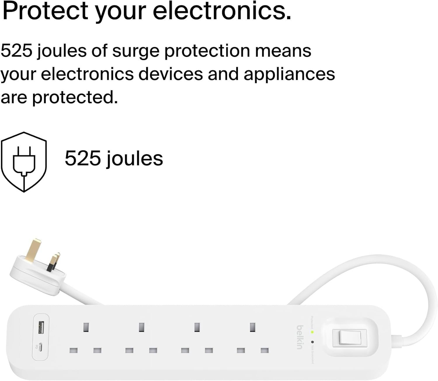 Belkin 4-Outlet Surge Protector Power Strip, Wall-Mountable with 4 AC Outlets, 2M Power Cord, & Green Indicator Light - USB-C Port & USB-A Port w/USB-C PD Fast Charging - 525 Joules of Protection