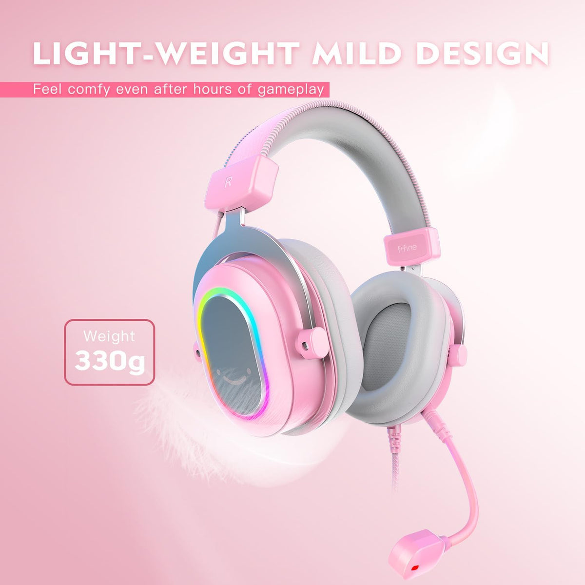 FIFINE AmpliGame H6 USB Wired RGB Gaming Headset (7.1 Virtual Surround Sound, 24-Bit Audio, 3 EQ Modes, Detachable Mic) Pink - سماعة