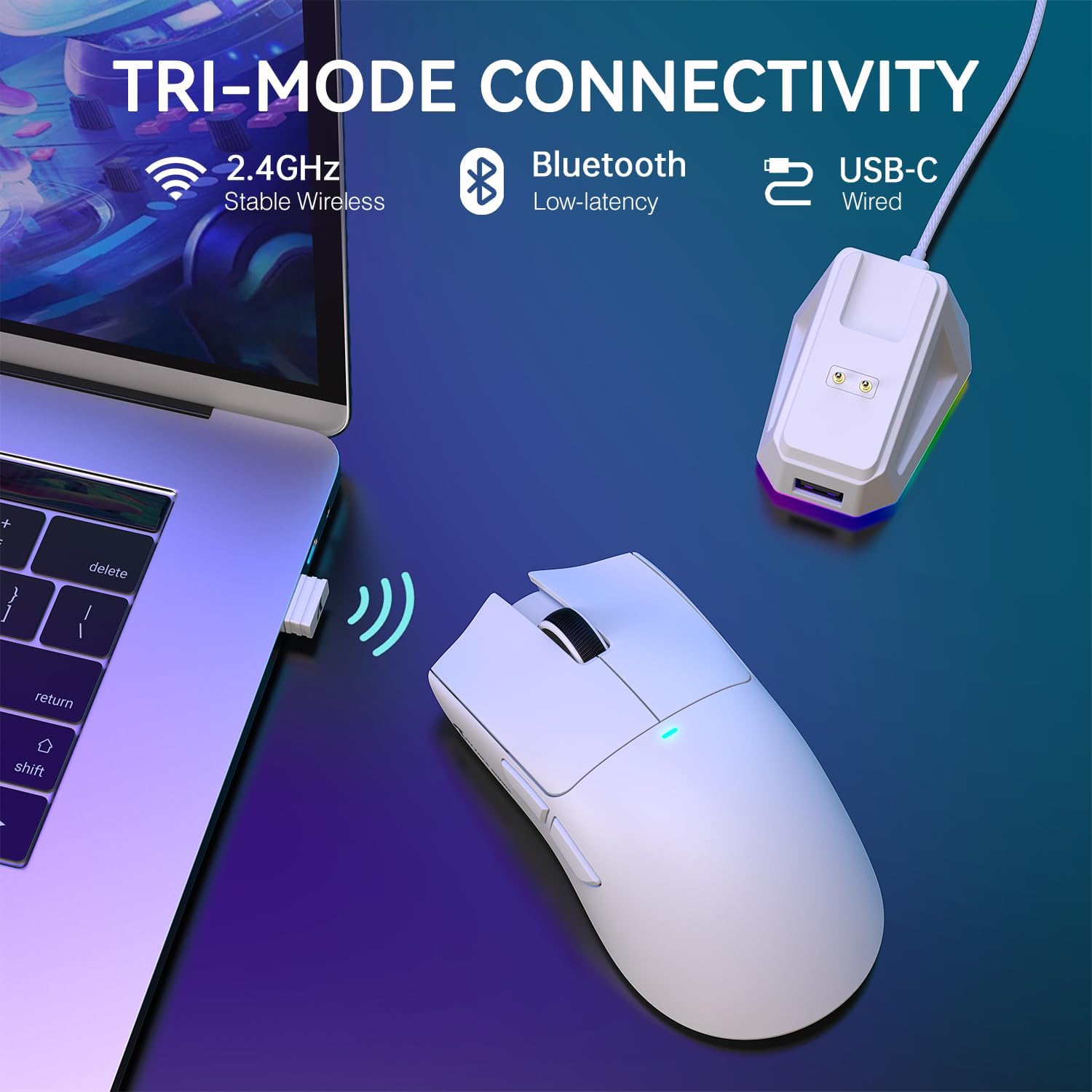ATTACK SHARK X11 Lightweight Wireless Gaming Mouse with RGB Charging Dock,Tri-Mode-2.4G/USB-C Wired/BT,22K DPI,PAW3311 Optical Sensor,HUYU Switch, 5 programmable Buttons for PC/Mac(White)  - ماوس قيمنق لاسلكي