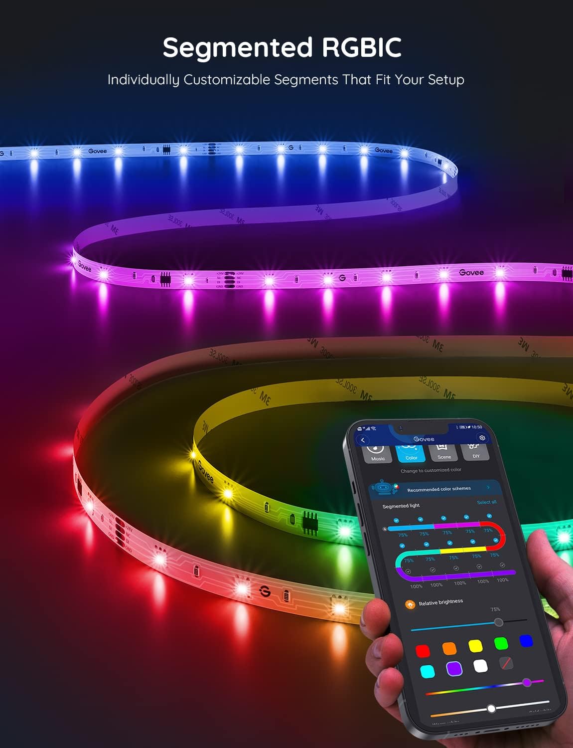 Govee RGBIC Basic Wi-Fi + Bluetooth LED Strip Lights 5m (16.4ft) – Smart Color-Changing Light Strip with Alexa & Google Voice Control - إضاءة
