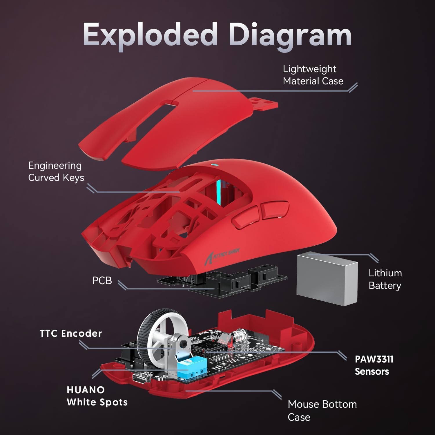 ATTACK SHARK X11 Wireless Gaming Mouse with Charging Dock Red with tape - ماوس قيمينق أحمر
