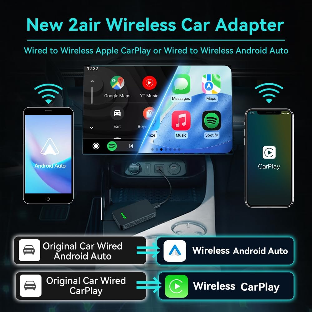 Carlinkit 5.0 2air Wireless CarPlay & Android Auto Adapter (Dual Channel, 5.8GHz Wi-Fi, Plug & Play) - قطعة تحويل الكاربلاي الى لاسلكي