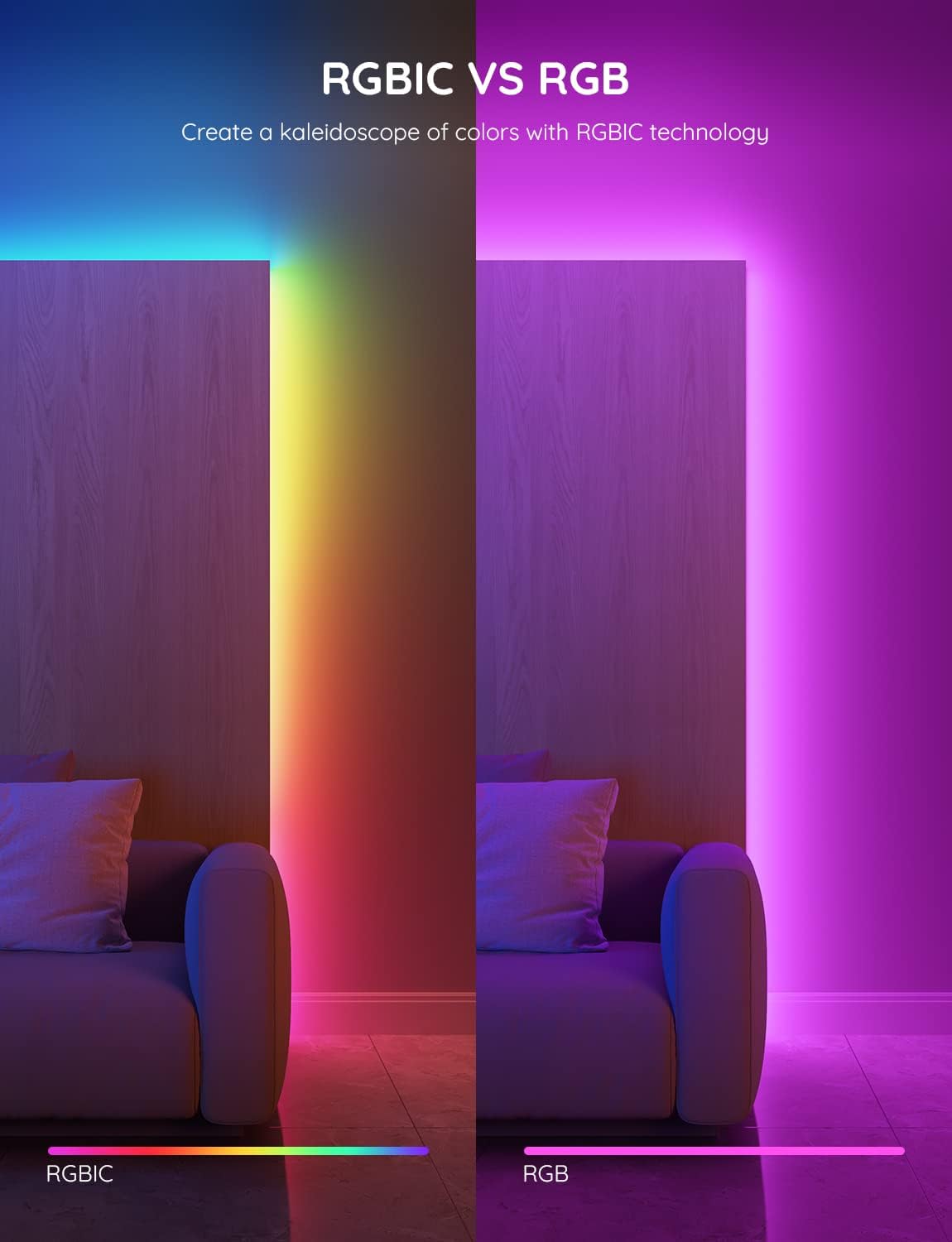 Govee RGBIC Basic Wi-Fi + Bluetooth LED Strip Lights 5m (16.4ft) – Smart Color-Changing Light Strip with Alexa & Google Voice Control - إضاءة