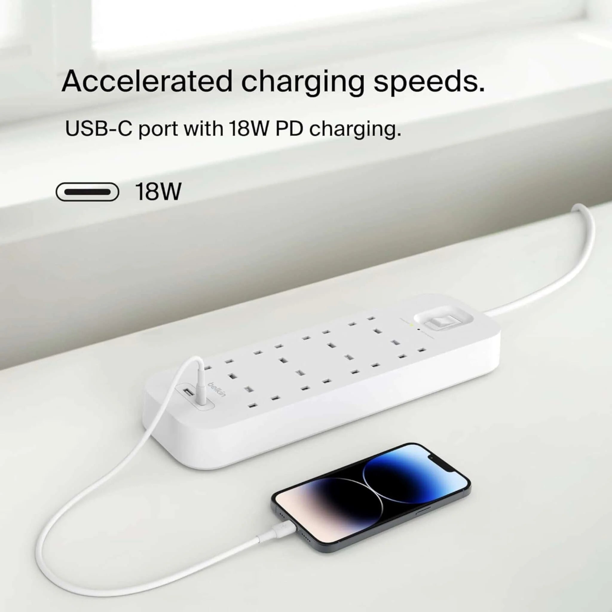 Belkin 8-Outlet Surge Protector 18W USB-A & USB-C Ports - 2m Cord Power Extension - White - موزع كهربه 10 في 1 مع نضام أمان