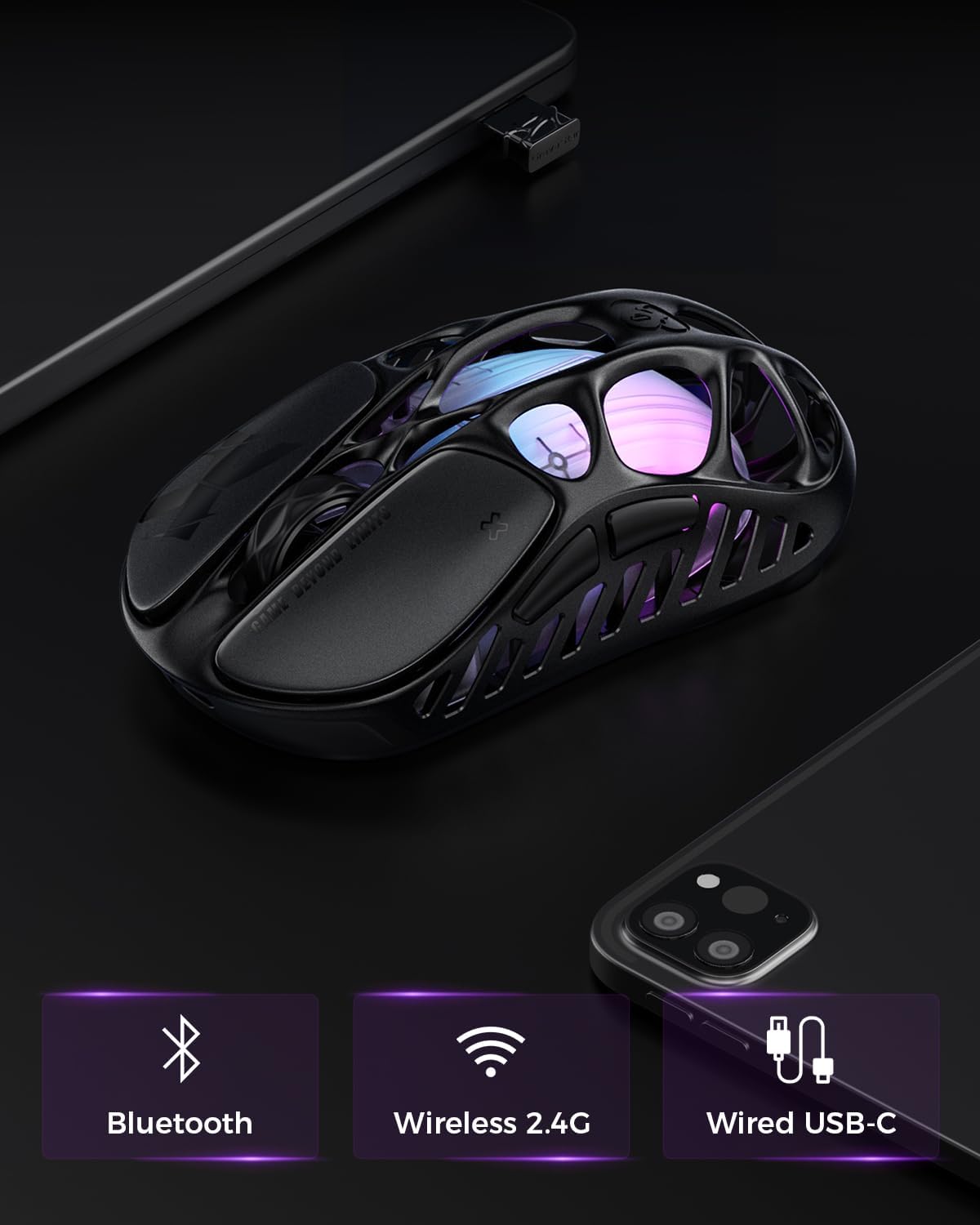 GravaStar Mercury X Wireless Gaming Mouse – 32,000 DPI PAW 3950 Sensor, 1000Hz Polling Rate, Only 49g, Magnesium Alloy Hollow Frame, RGB Lighting, 5 Programmable Buttons - ماوس أسود