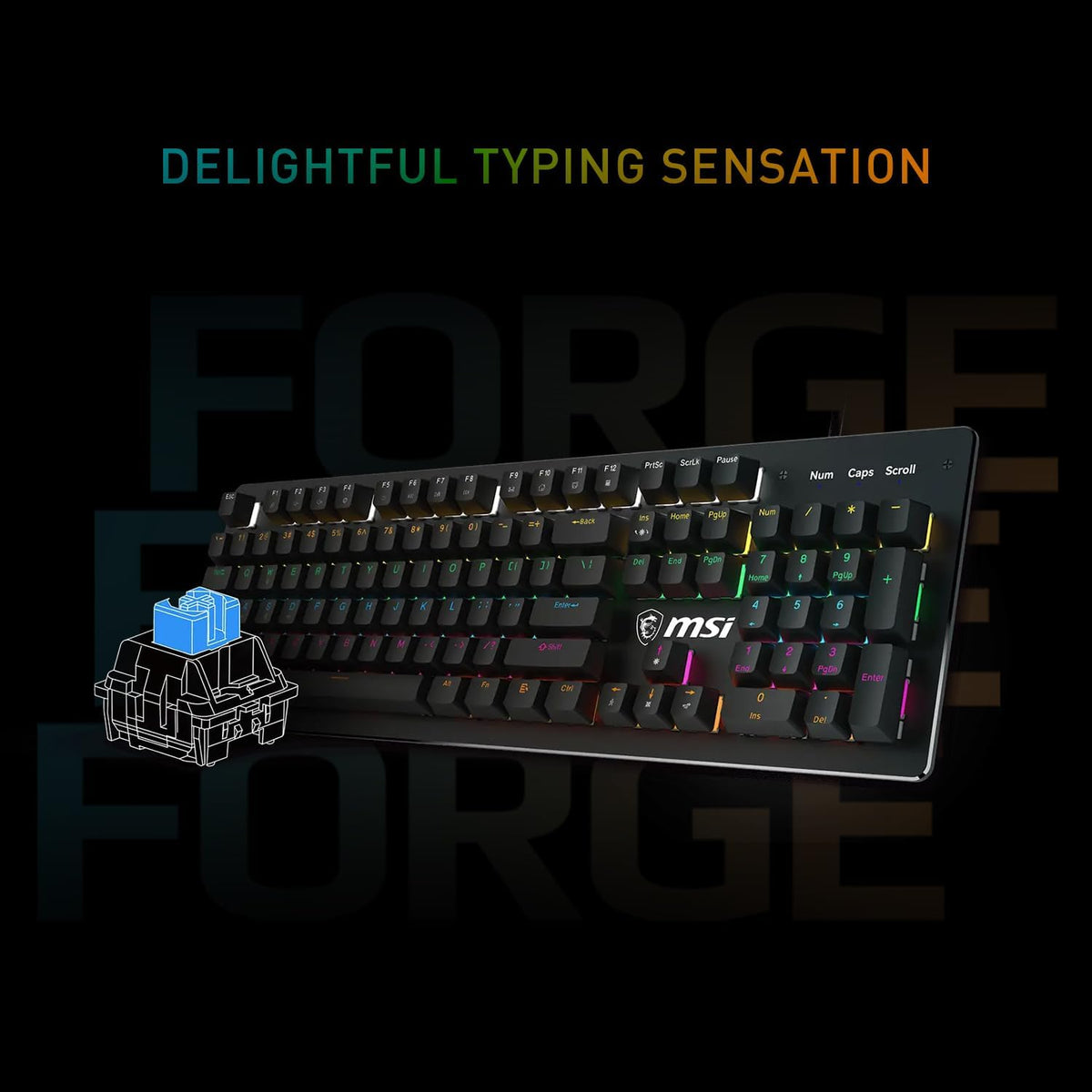 MSI Forge GK300 RGB Gaming Combo – Clicky Mechanical Blue Switches, 7200 DPI Optical Mouse, 9-Mode RGB & Floating Keycaps - ماوس وكيبورد ميكانيكي