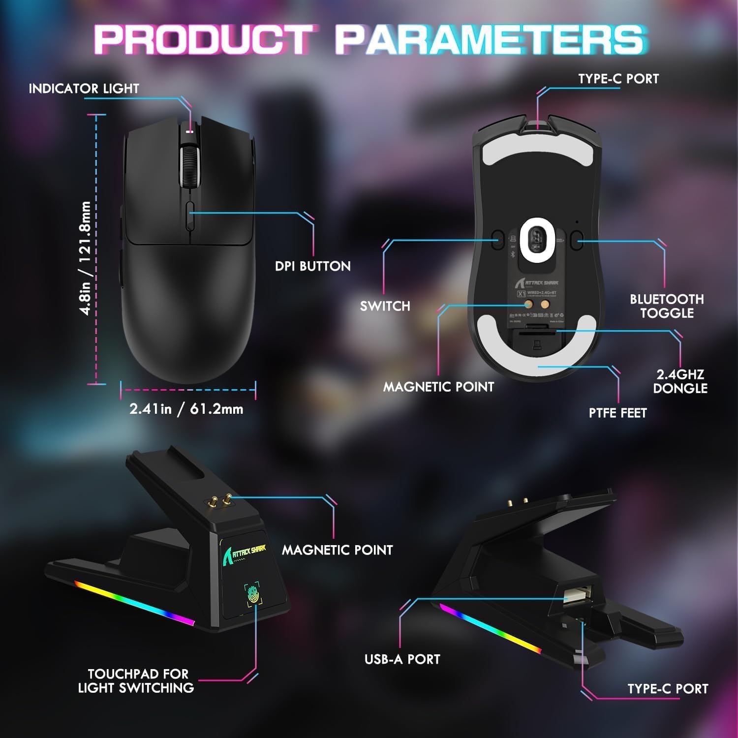 ATTACK SHARK X1 Tri-mode Gaming Mouse With Touchpad RGB Charging Dock Black - ماوس ممتاز مع شاحن بالبصمة