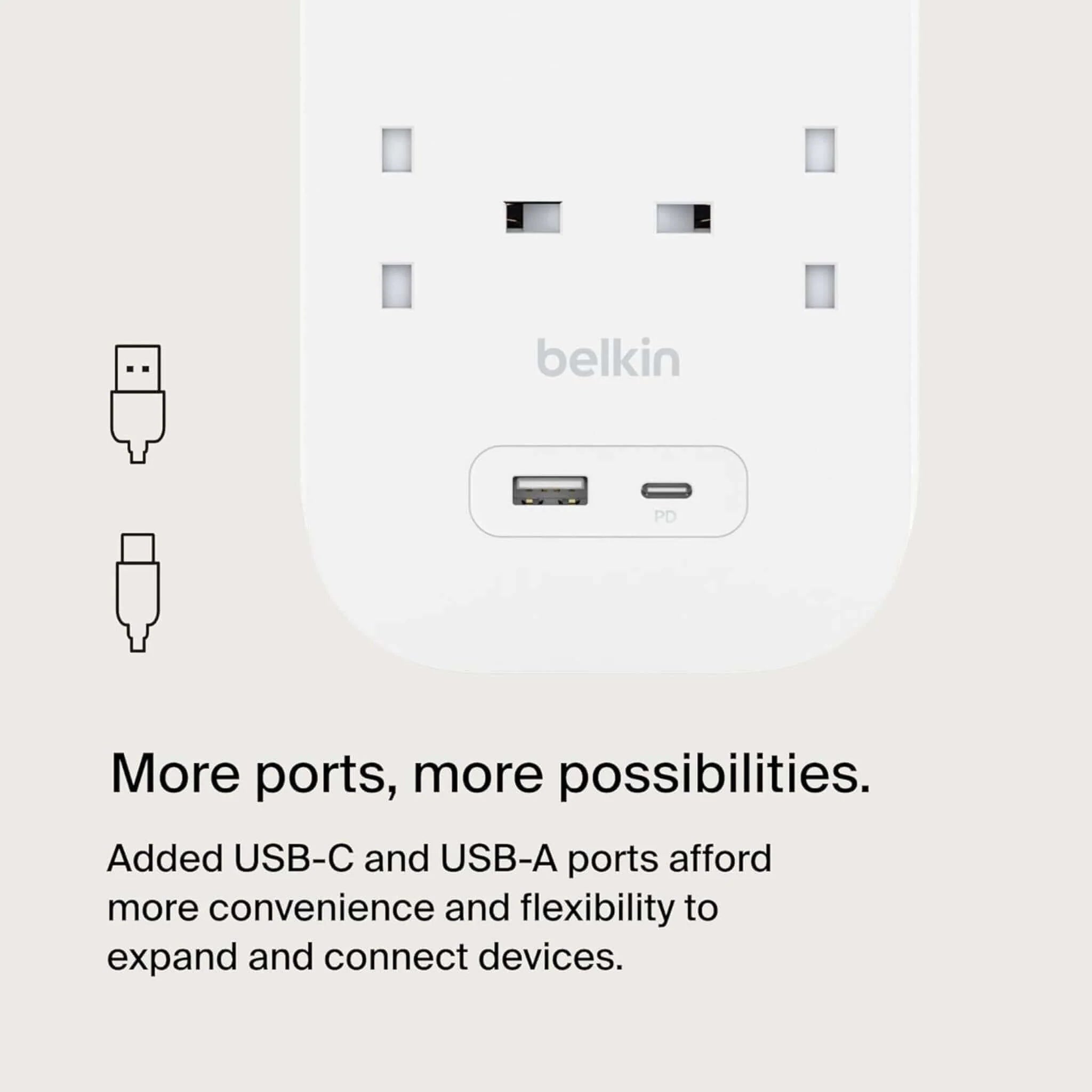 Belkin 8-Outlet Surge Protector 18W USB-A & USB-C Ports - 2m Cord Power Extension - White - موزع كهربه 10 في 1 مع نضام أمان