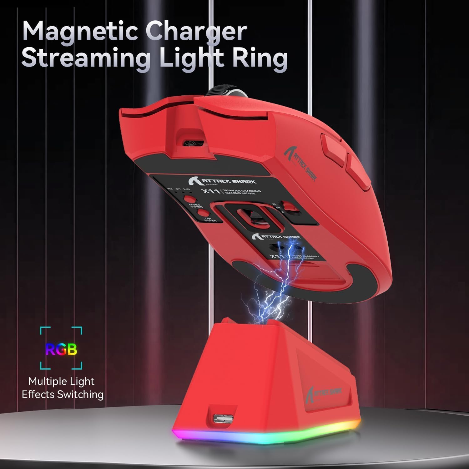 ATTACK SHARK X11 Wireless Gaming Mouse with Charging Dock Red with tape - ماوس قيمينق أحمر