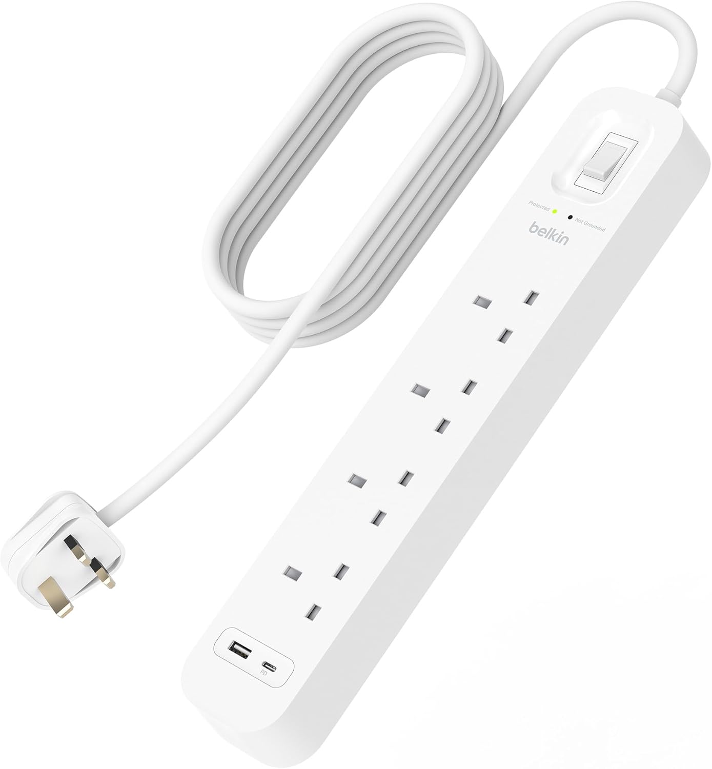 Belkin 4-Outlet Surge Protector Power Strip, Wall-Mountable with 4 AC Outlets, 2M Power Cord, & Green Indicator Light - USB-C Port & USB-A Port w/USB-C PD Fast Charging - 525 Joules of Protection Belkin 4-Outlet Surge Protector Power Strip, Wall-Mountable with 4 AC Outlets, 2M Power Cord, & Green Indicator Light - USB-C Port & USB-A Port w/USB-C PD Fast Charging - 525 Joules of Protection