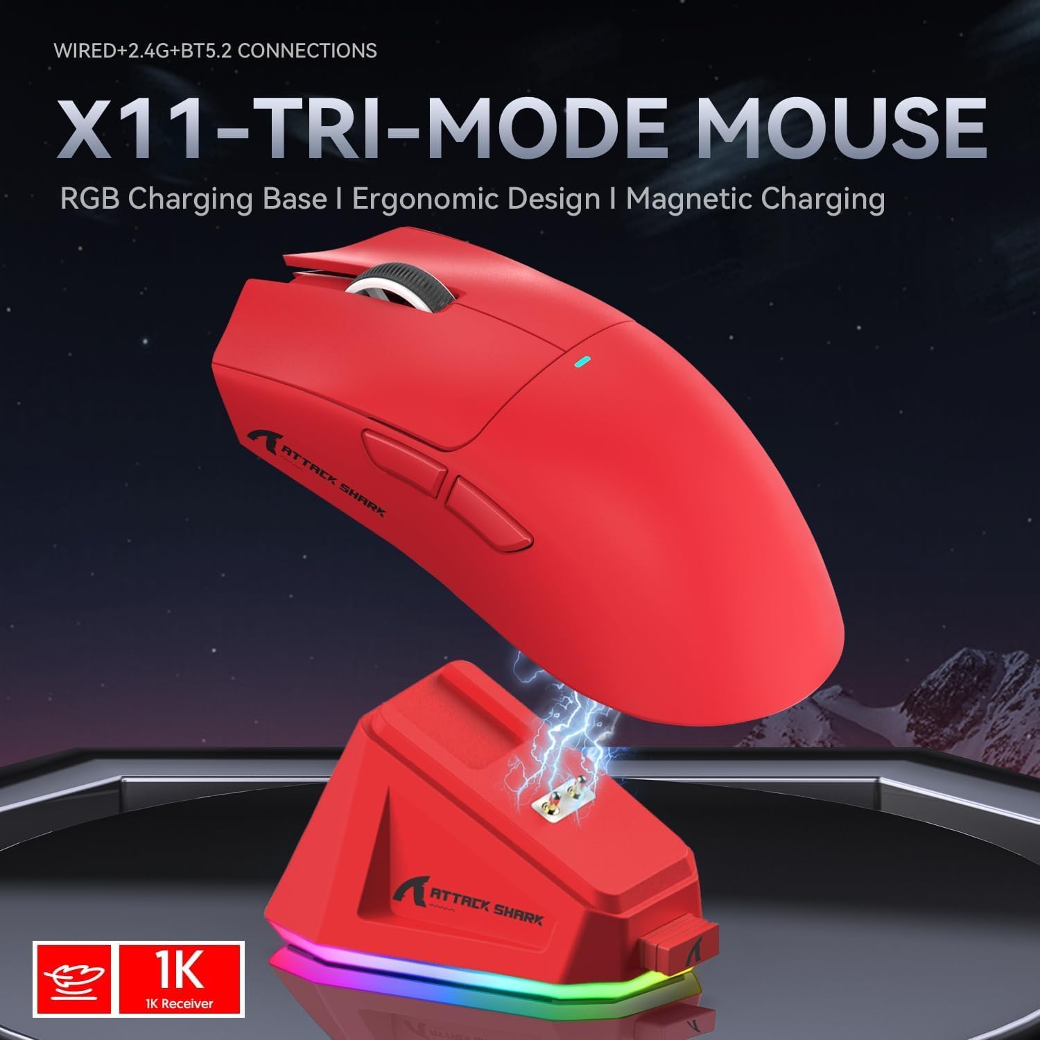 ATTACK SHARK X11 Wireless Gaming Mouse with Charging Dock Red with tape - ماوس قيمينق أحمر