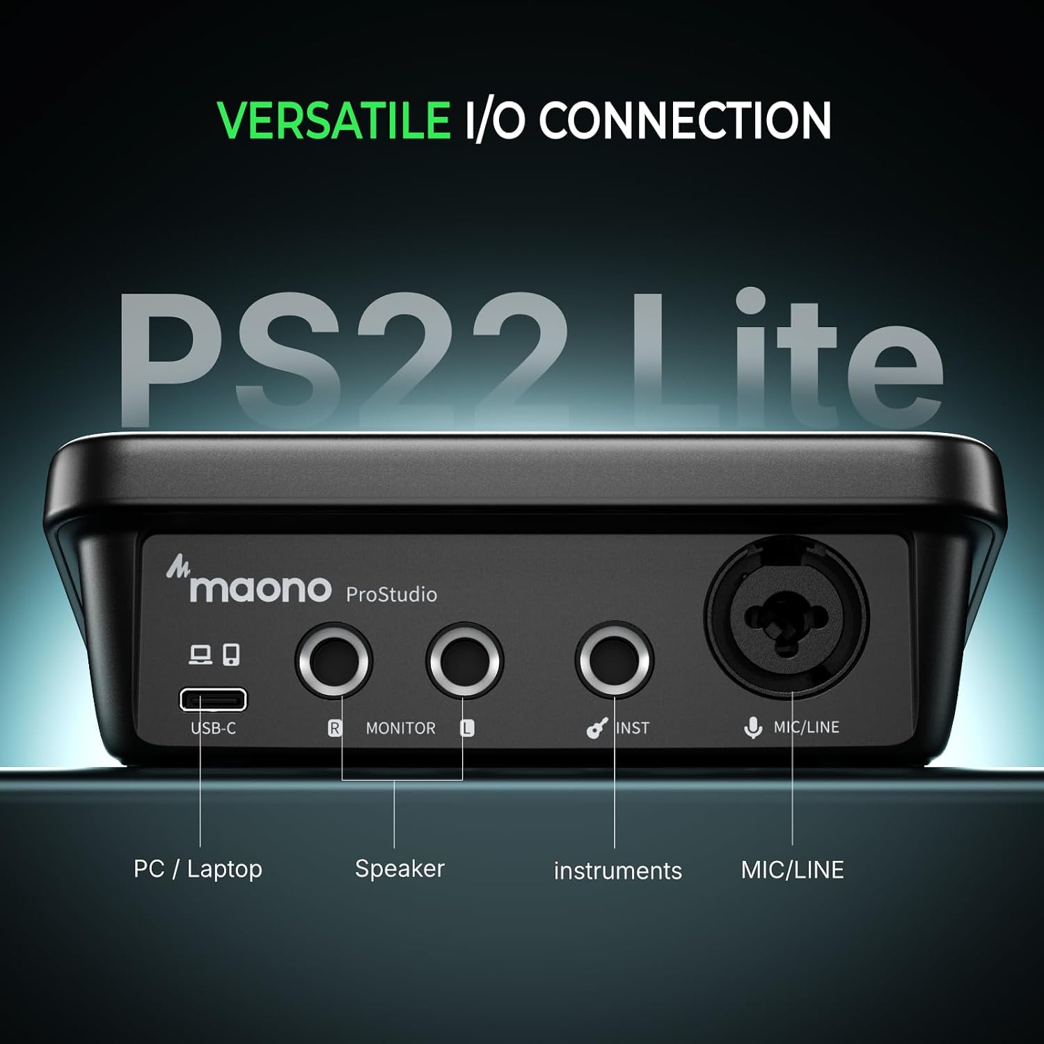 Maono PS22 Lite Audio Interface ProStudio – 24-bit/192kHz, Premium Mic Preamps, +48V Phantom Power, Zero-Latency Direct Monitoring (PC/Mac) - مكسر صوت