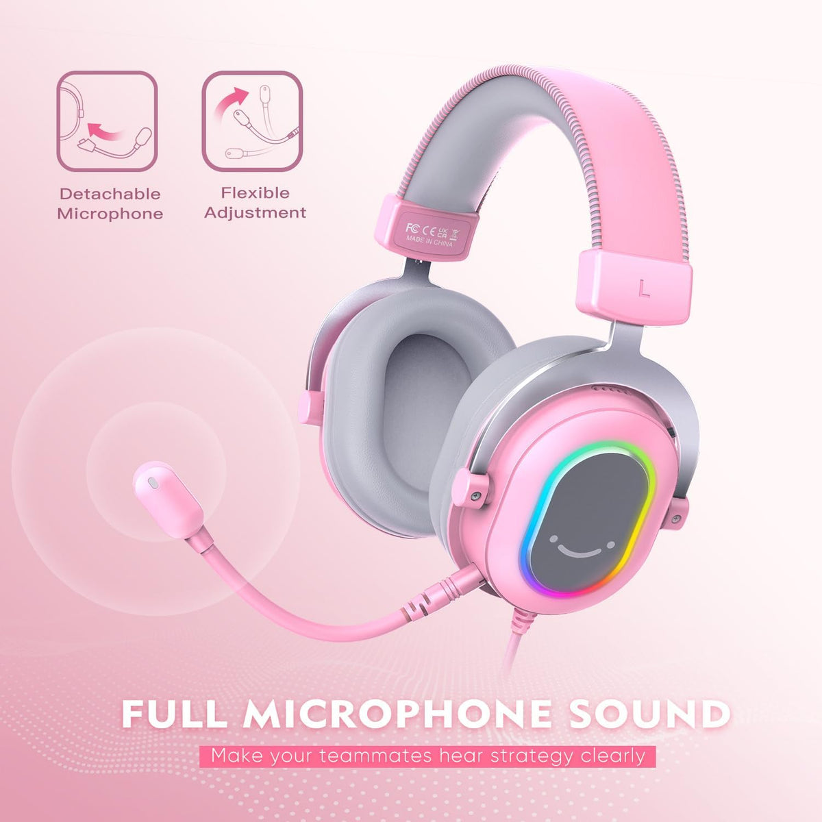 FIFINE AmpliGame H6 USB Wired RGB Gaming Headset (7.1 Virtual Surround Sound, 24-Bit Audio, 3 EQ Modes, Detachable Mic) Pink - سماعة