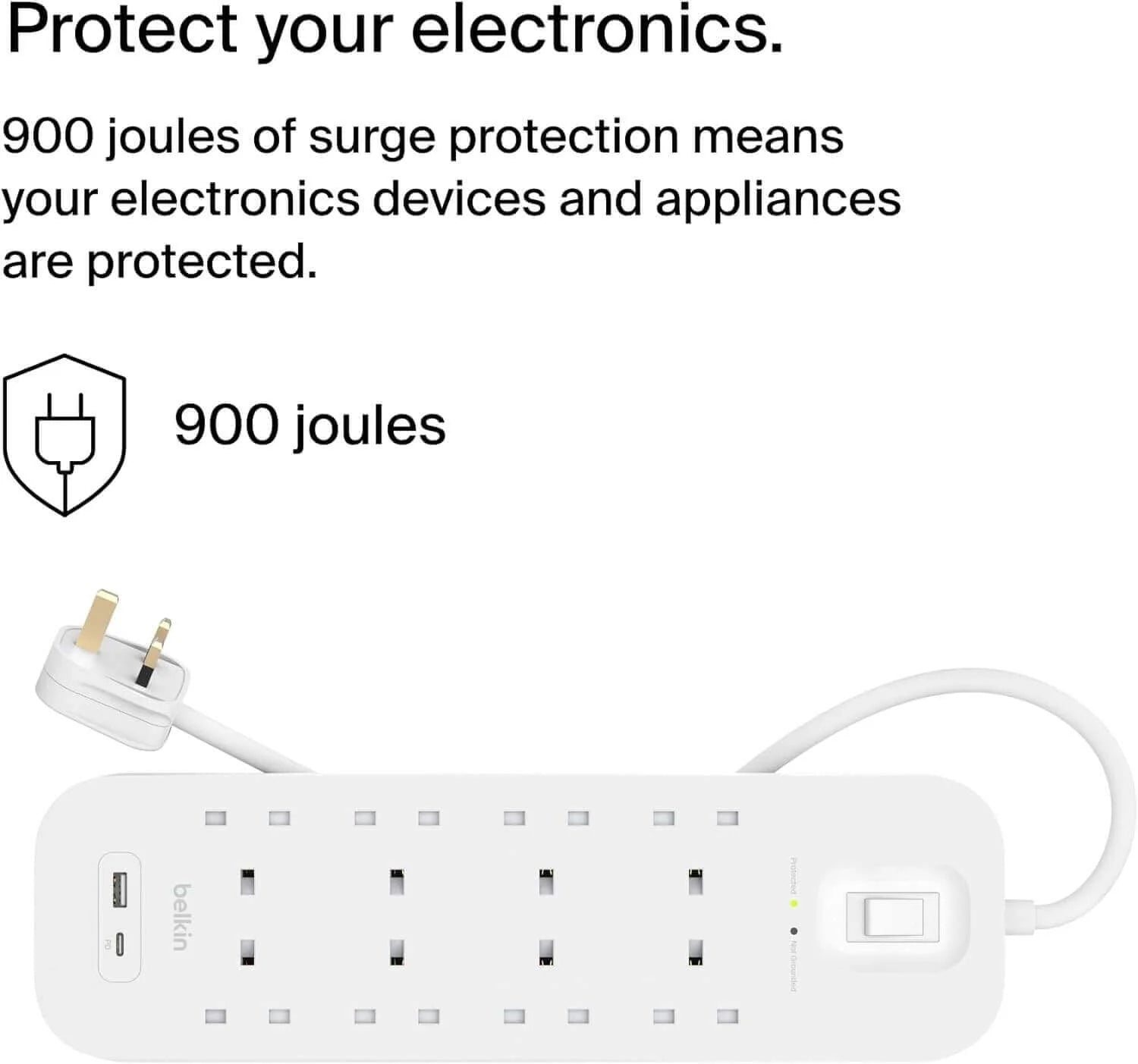 Belkin 8-Outlet Surge Protector 18W USB-A & USB-C Ports - 2m Cord Power Extension - White - موزع كهربه 10 في 1 مع نضام أمان
