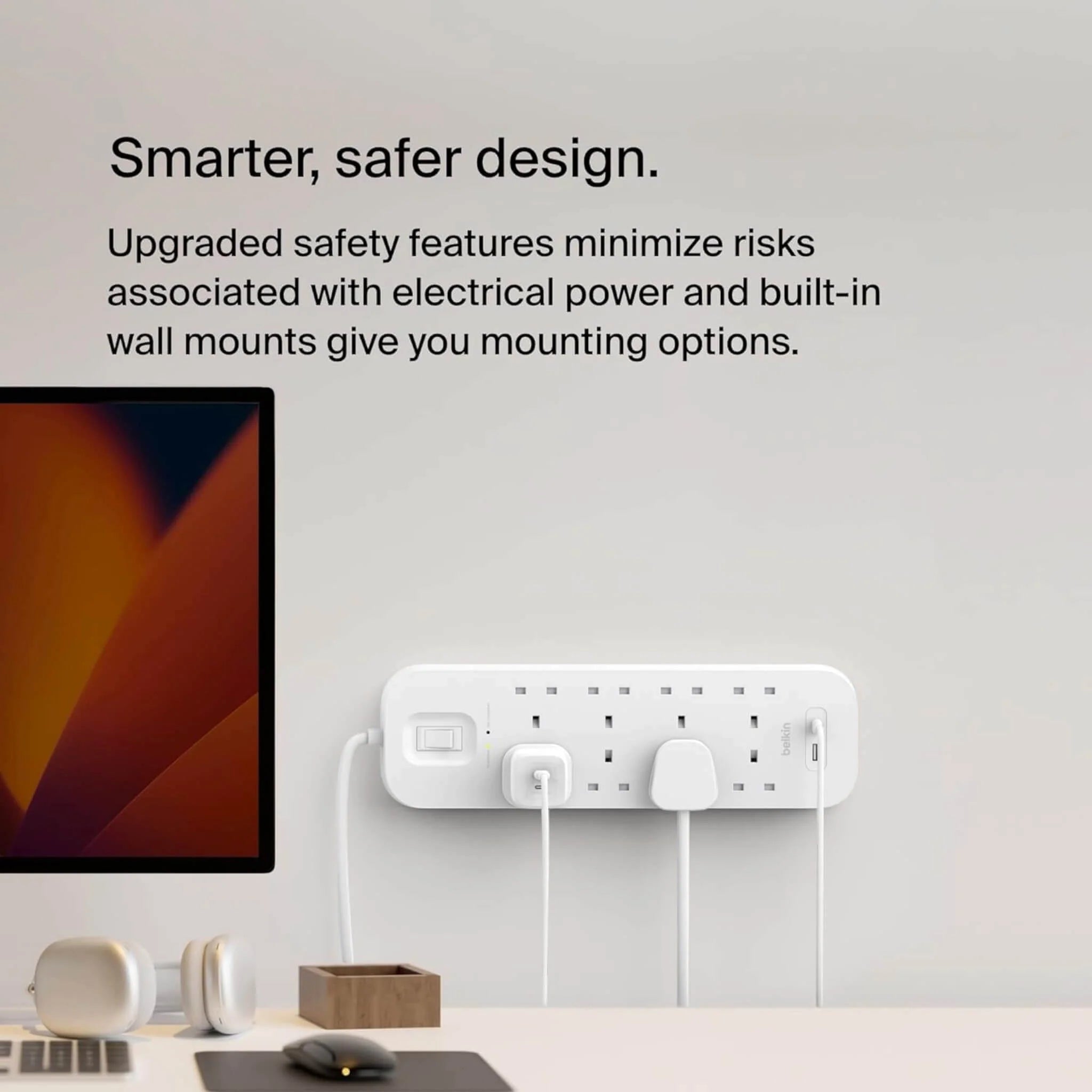 Belkin 8-Outlet Surge Protector 18W USB-A & USB-C Ports - 2m Cord Power Extension - White - موزع كهربه 10 في 1 مع نضام أمان