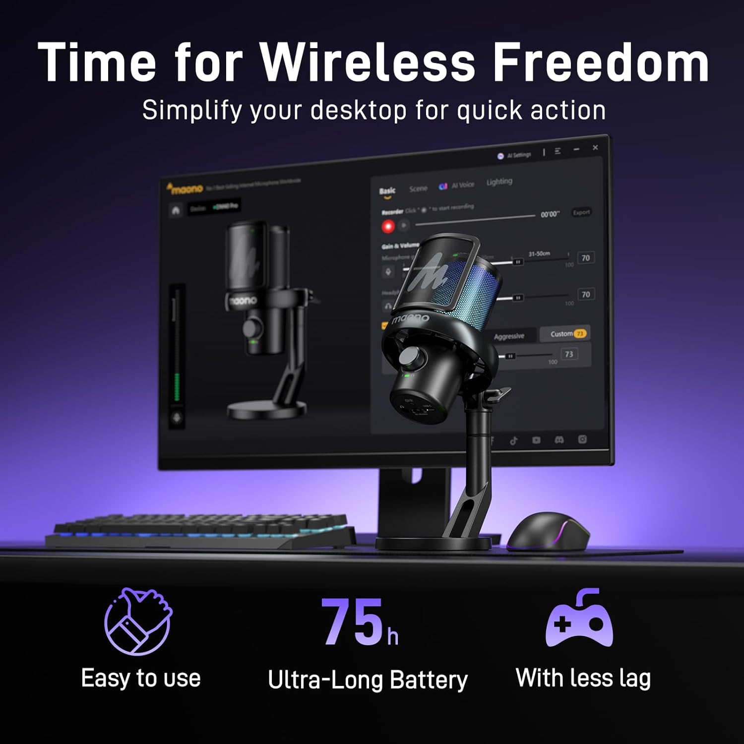 MAONO DM40 Pro wireless RGB Microphone With AI, Noise Cancellation, for Sony, Twitch, YouTube - Black - مايكروفون لاسلكي