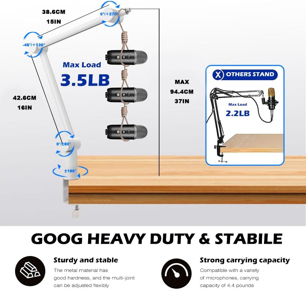 BOMGE Boom Arm Mic Stand - Adjustable Heavy Duty Suspension Boom Scissor Arm Stand with Cable Management Channels, Desk Clamp for Podcasts, Streaming, Gaming, Home Office, Recording -White - ستاند للمايك أبيض