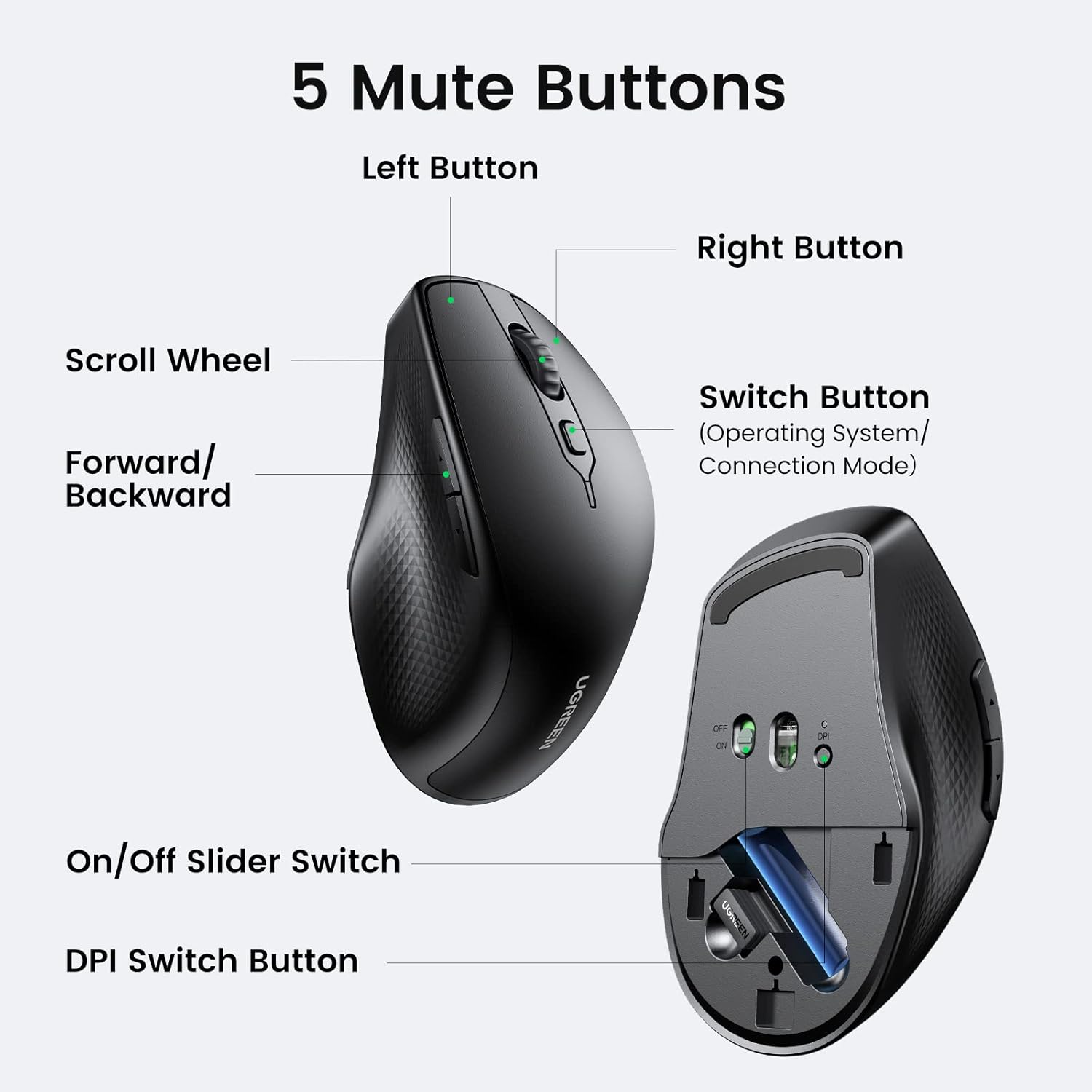 UGREEN Upgraded Ergonomic Warless / Bluetooth 5.0 Mouse Comfortable for Large Sized Hands - ماوس لليد الكبيرة