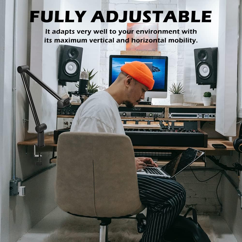 BOMGE Boom Arm Mic Stand - Adjustable Heavy Duty Suspension Boom Scissor Arm Stand with Cable Management Channels, Desk Clamp for Podcasts, Streaming, Gaming, Home Office, Recording -  Bomge-808-B-us black  -ستاند للمايك