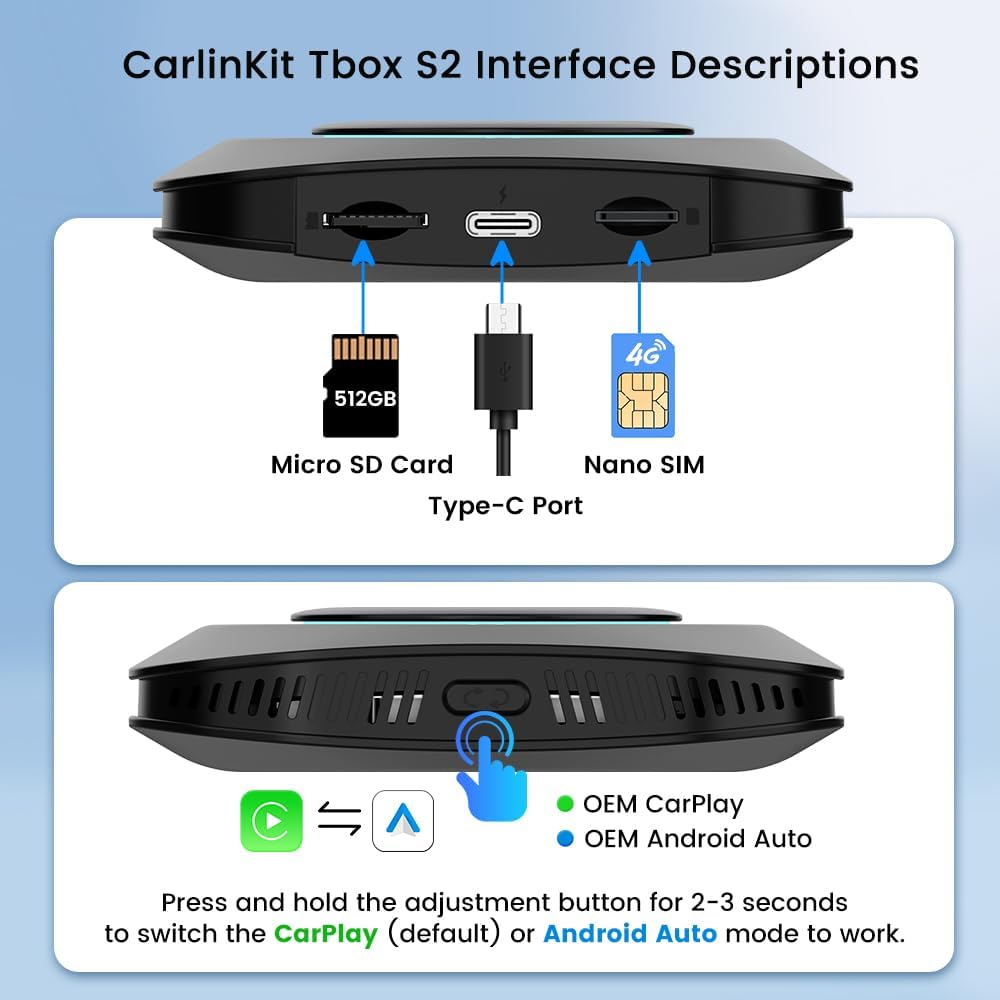 Carlinkit TBox S2 Ambient Android 13 AI Box (8GB RAM + 128GB, Qualcomm 8-Core, RGB Lighting, Wireless CarPlay & Android Auto) - قطعة تحويل شاشة الوكالة الى شاشة الاندرويد