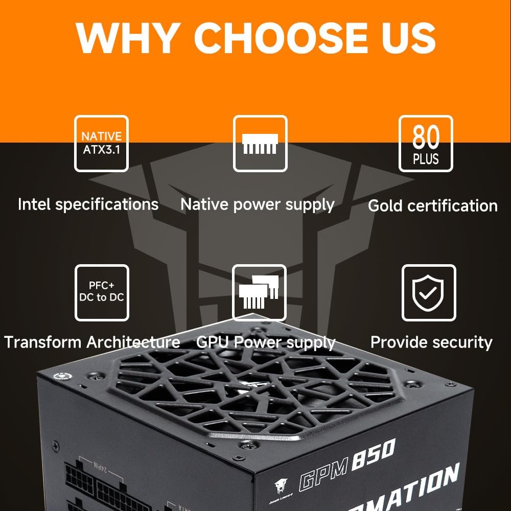 Jungle Leopard GPM850 850W ATX 3.1 Power Supply, 80 Plus Gold Certified, Fully Modular PSU, 120mm Hydro Bearing Fan, Active PFC, DC to DC, High Efficiency ≥90%, OVP/OPP/SCP/OTP/OCP/UVP Protection - مزود طاقه