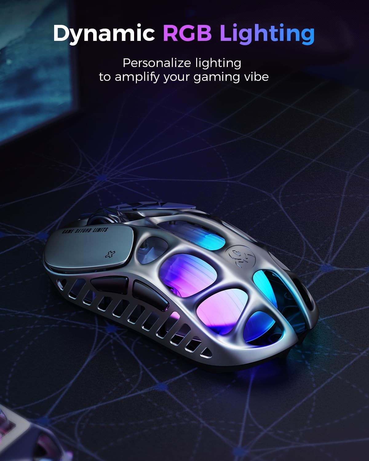GravaStar Mercury X Wireless Gaming Mouse – 32,000 DPI PAW 3950 Sensor, 1000Hz Polling Rate, Only 49g, Magnesium Alloy Hollow Frame, RGB Lighting, 5 Programmable Buttons - ماوس أسود