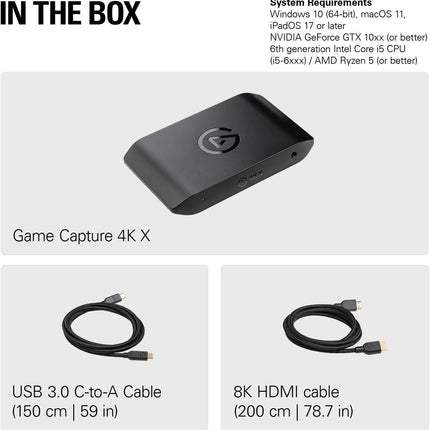 Elgato 4K X – Capture Up to 4K144 with Ultra-Low Latency on PS5, Xbox Series X/S, Nintendo Switch, OBS and More, HDMI 2.1, VRR, HDR10, USB 3.2 Gen 2, for Streaming & Recording, Works with PC/Mac/iPad - جهاز تسجيل  أحترافي