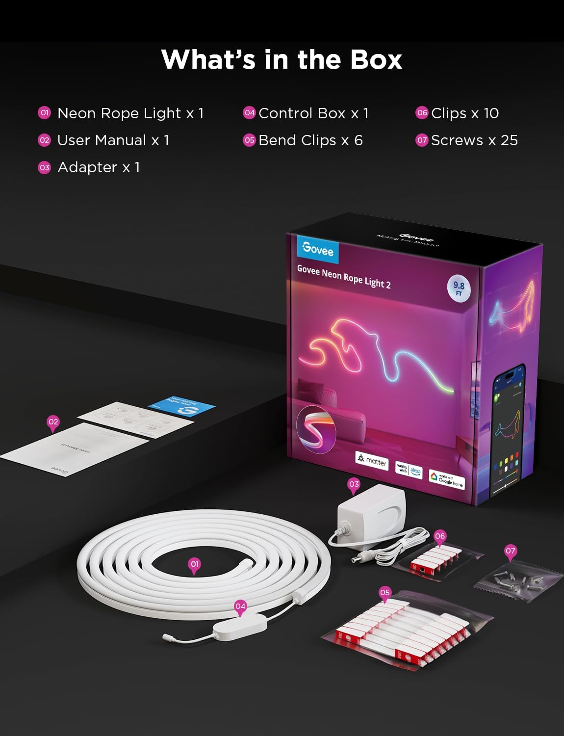 Govee Neon Rope Light 2 (5m / 16.4ft, H61D5) – Ultra-Flexible RGBIC Smart Neon LED Strip with Matter Support - إضاءة نيون